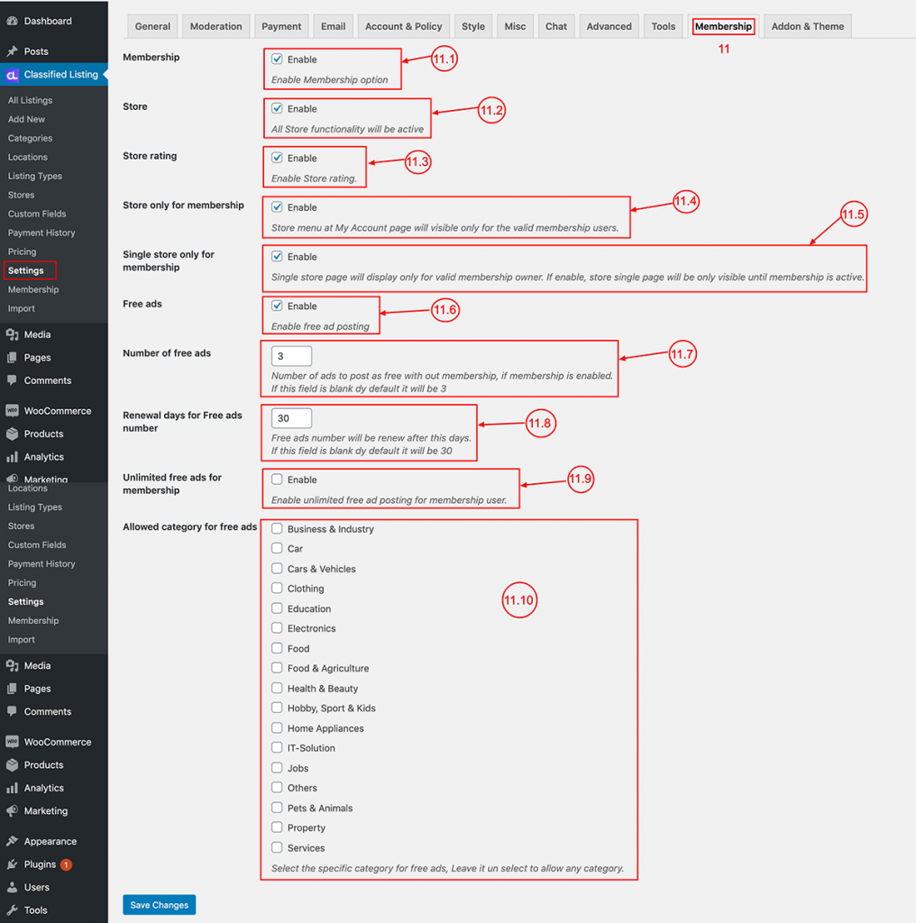 Classified listing membership settings