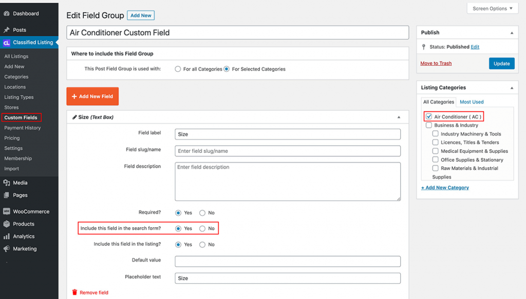 custom fields filter